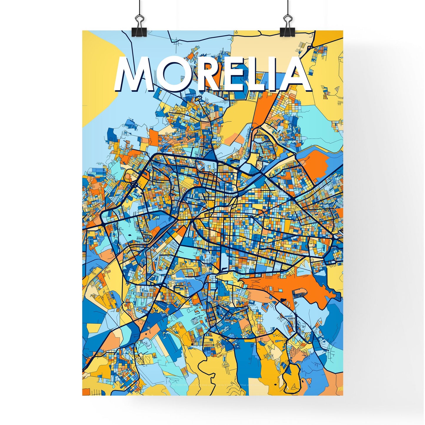 MORELIA MEXICO Vibrant Colorful Art Map Poster Blue Orange