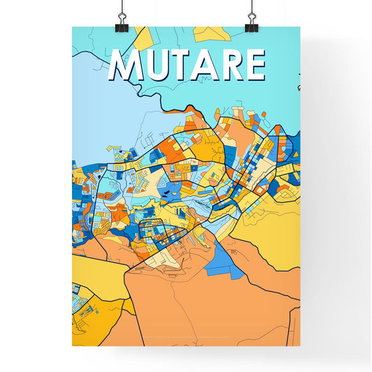 MUTARE ZIMBABWE Vibrant Colorful Art Map Poster Blue Orange