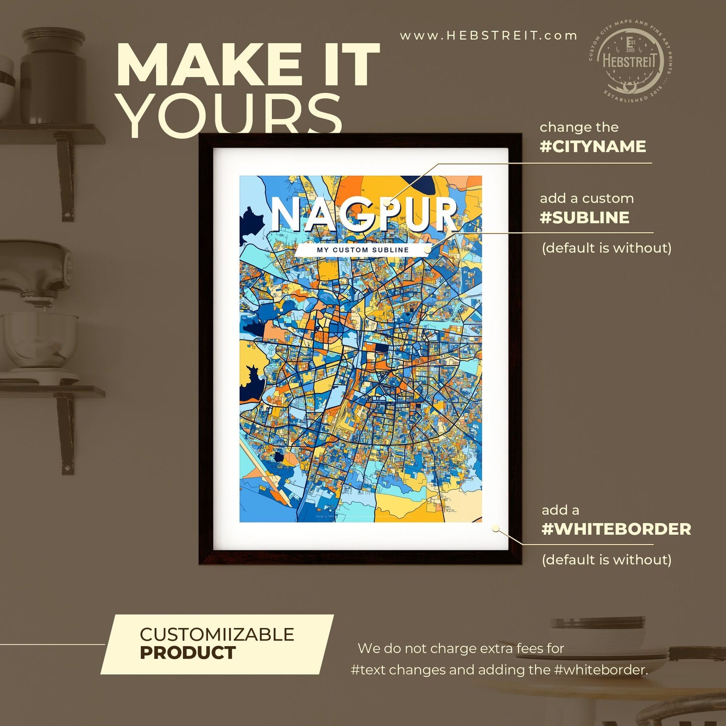 NAGPUR INDIA Vibrant Colorful Art Map Poster Blue Orange