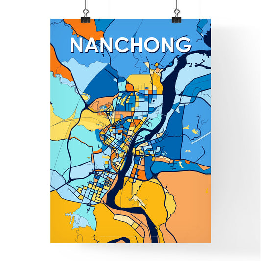NANCHONG CHINA Vibrant Colorful Art Map Poster Blue Orange