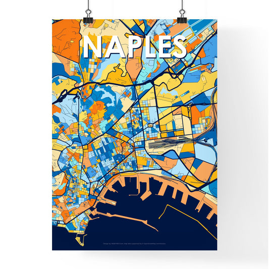 NAPLES ITALY Vibrant Colorful Art Map Poster Blue Orange