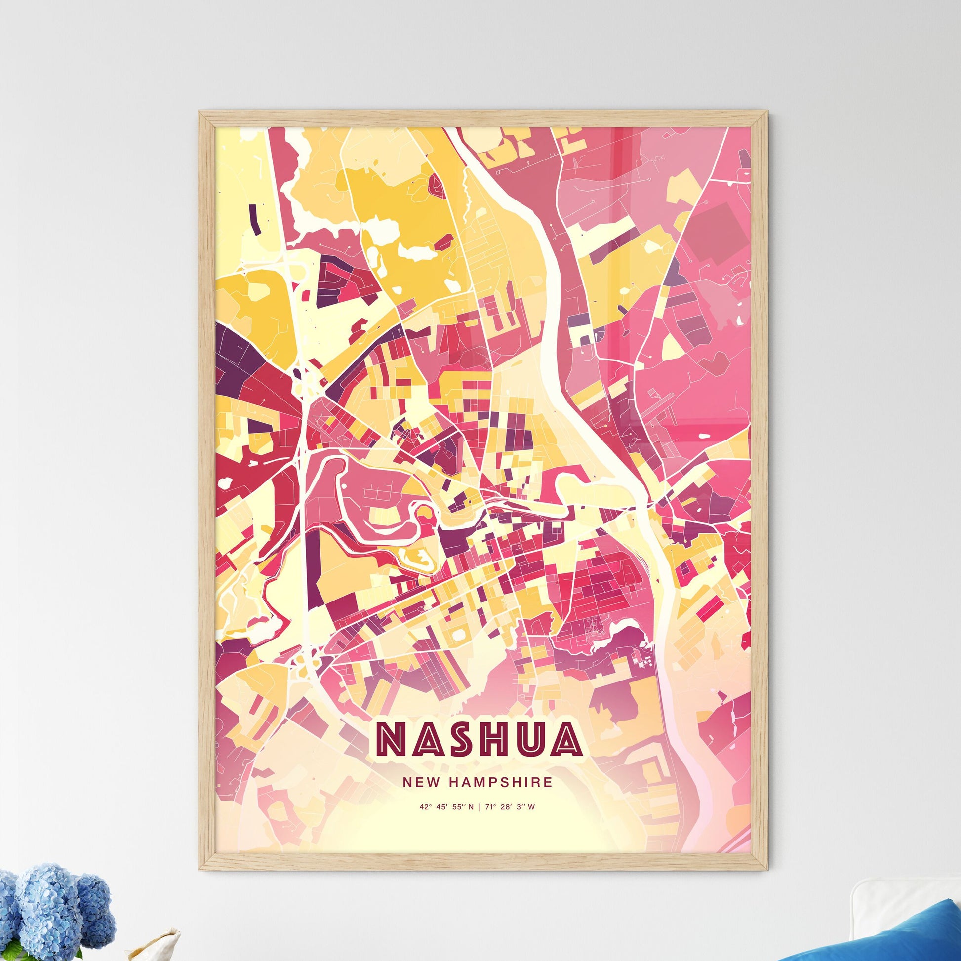 Colorful Nashua New Hampshire Fine Art Map Hot Red