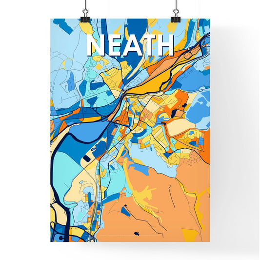 NEATH WALES Vibrant Colorful Art Map Poster Blue Orange