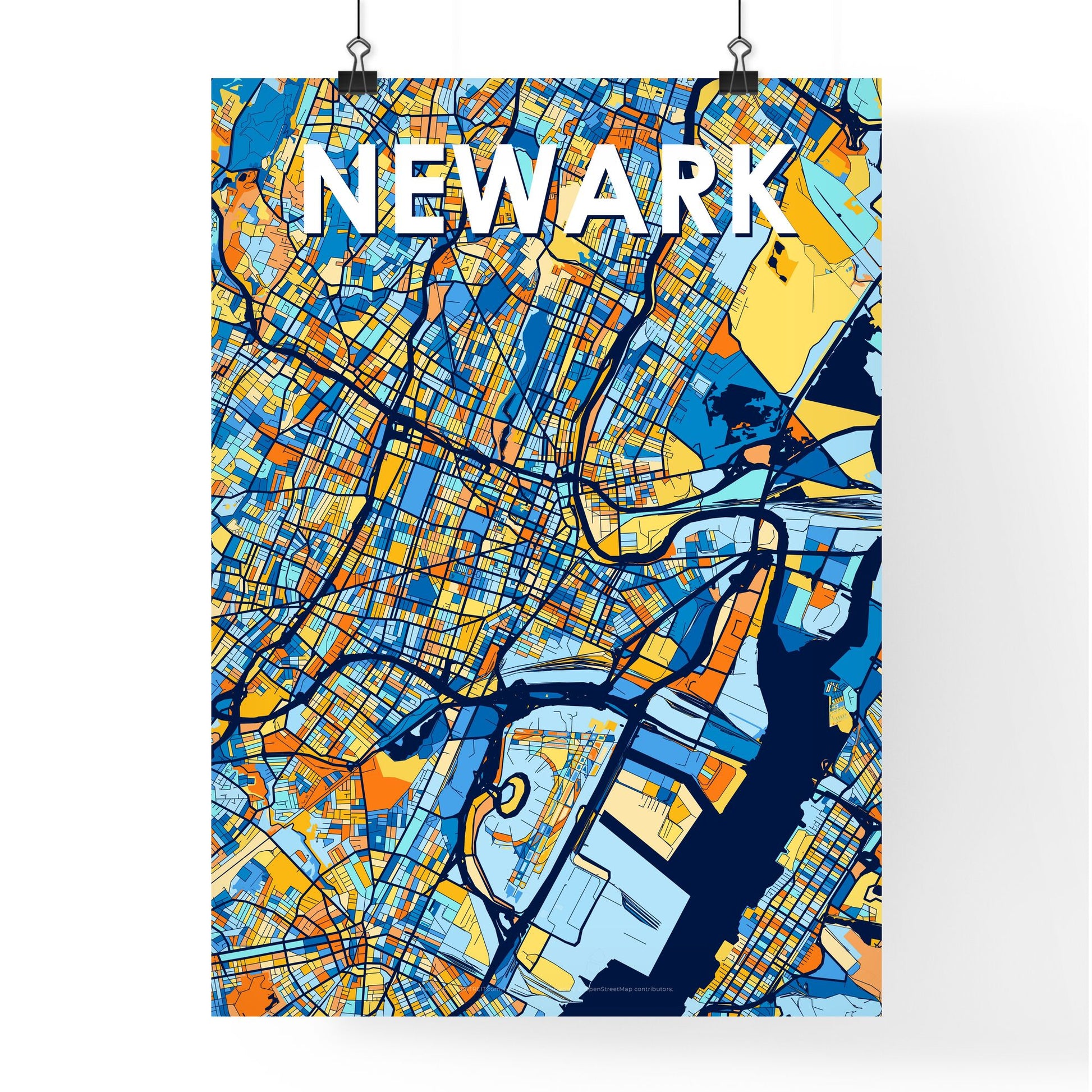 NEWARK NEW JERSEY Vibrant Colorful Art Map Poster Blue Orange