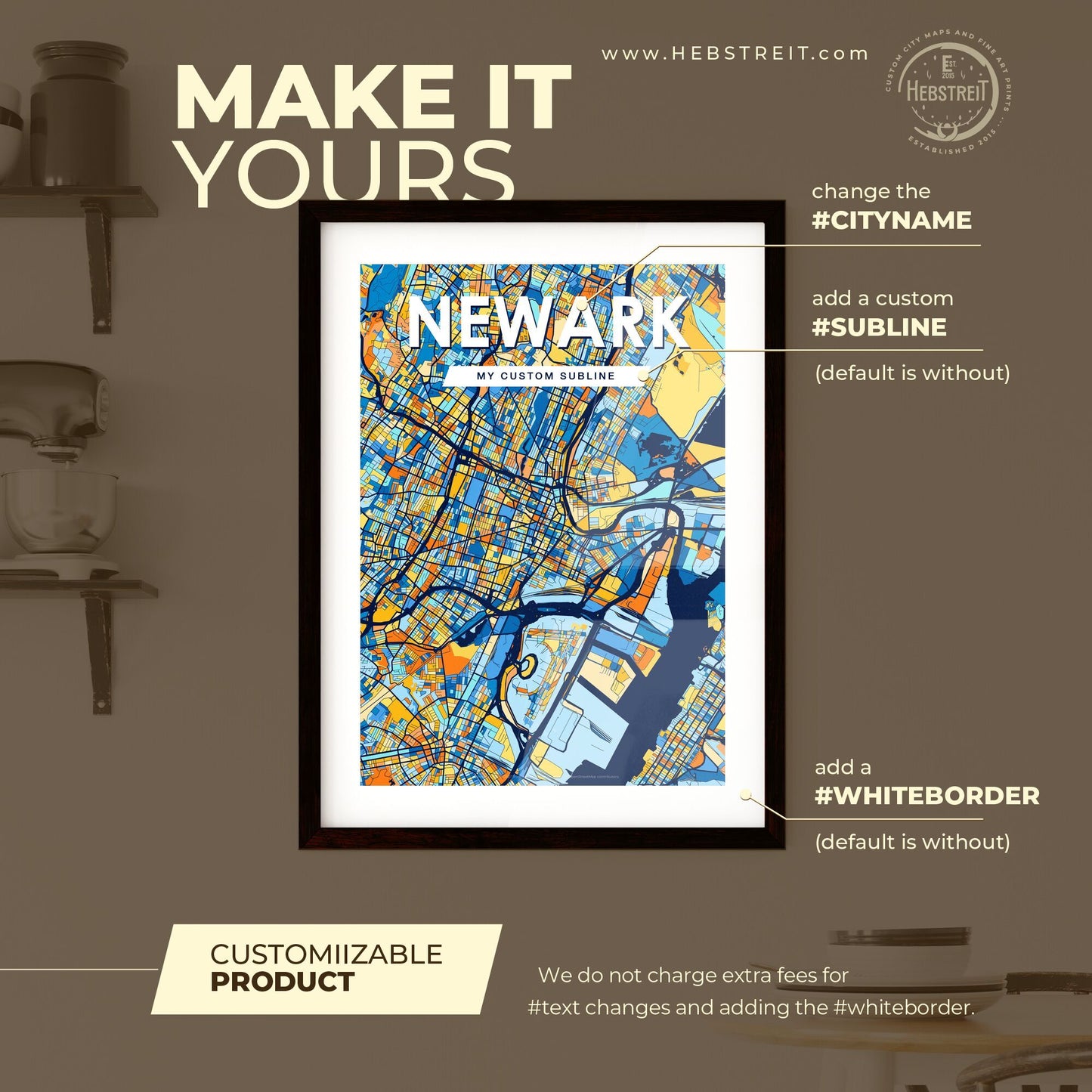 NEWARK NEW JERSEY Vibrant Colorful Art Map Poster Blue Orange