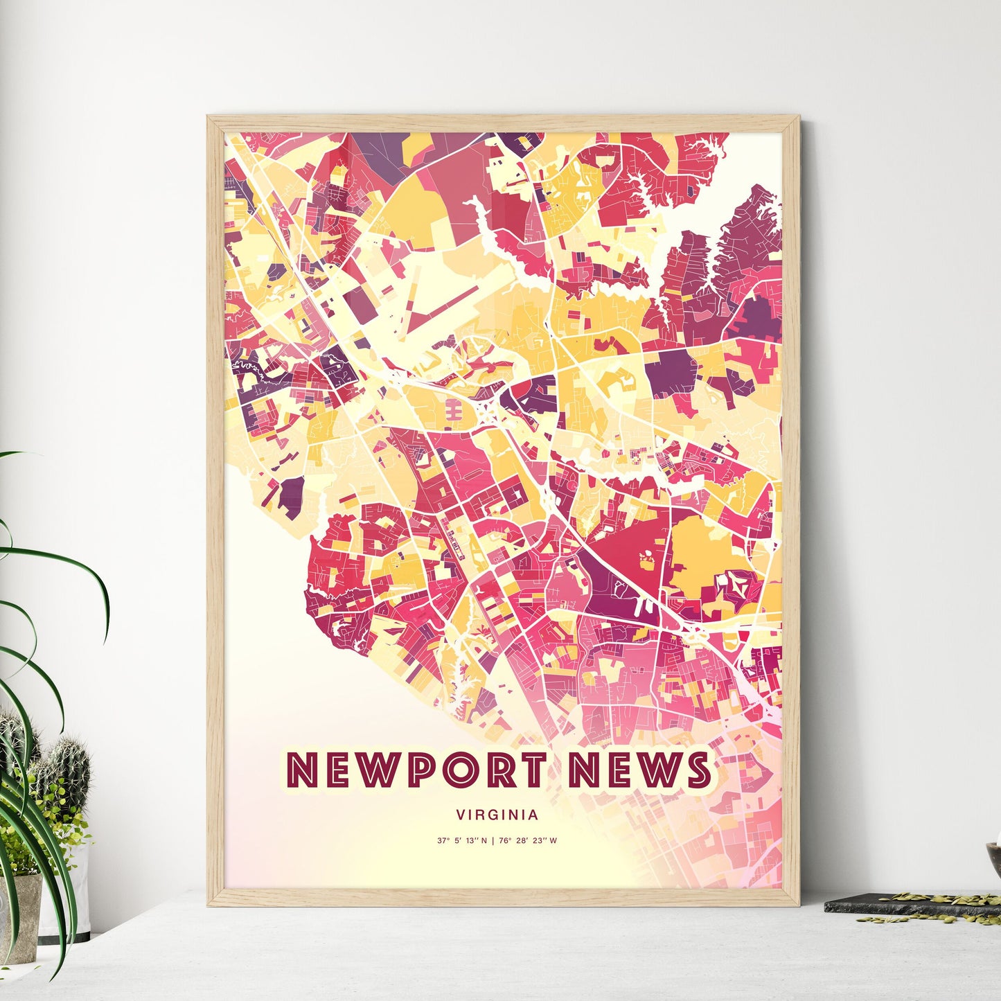 Colorful Newport News Virginia Fine Art Map Hot Red