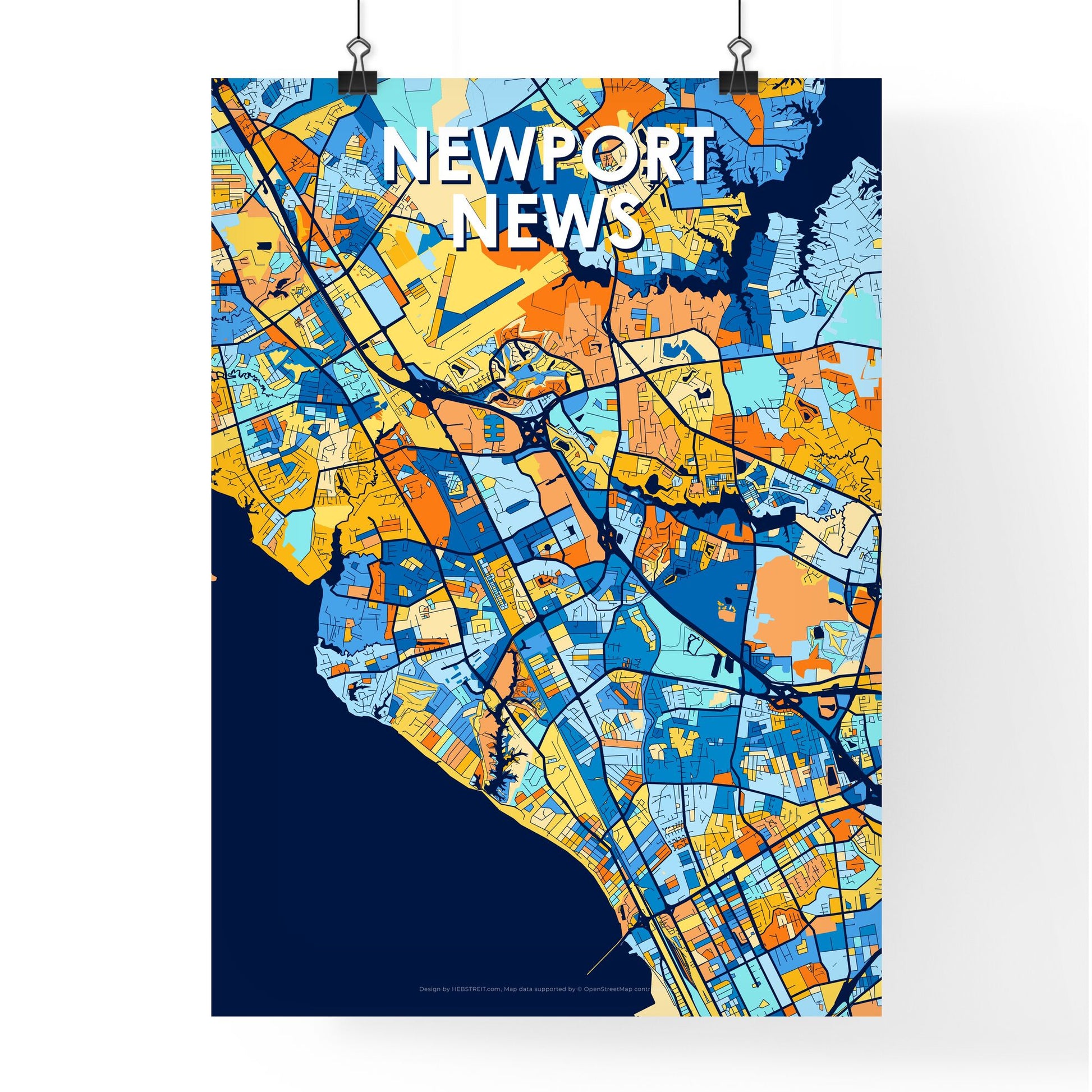 NEWPORT NEWS VIRGINIA Vibrant Colorful Art Map Poster Blue Orange