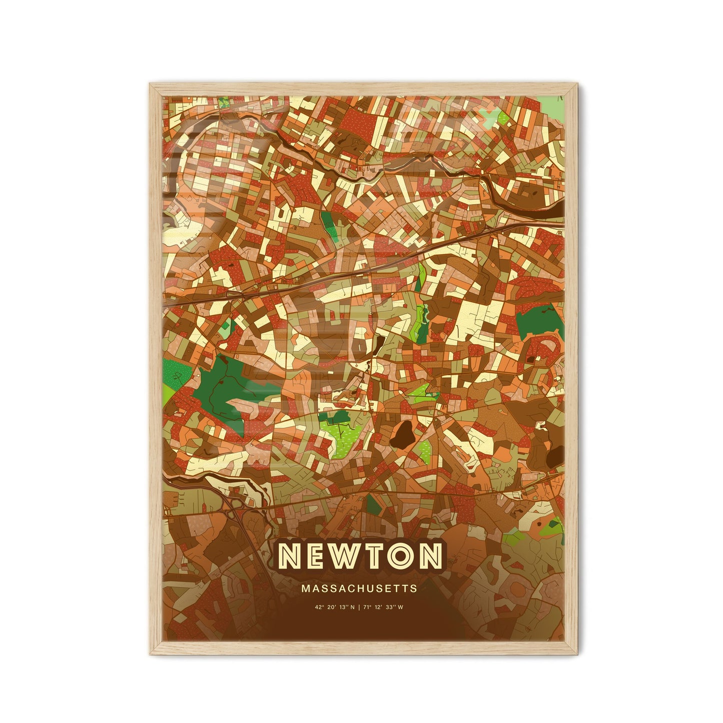 Colorful Newton Massachusetts Fine Art Map Farmhouse