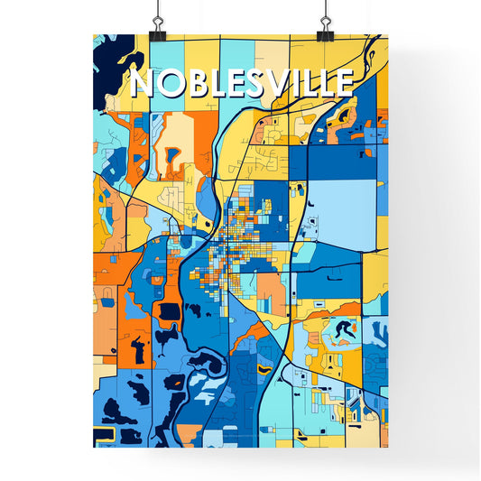 NOBLESVILLE INDIANA Vibrant Colorful Art Map Poster Blue Orange