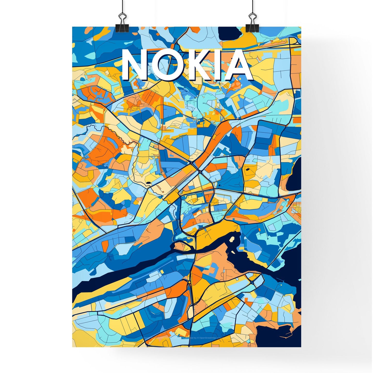 NOKIA FINLAND Vibrant Colorful Art Map Poster Blue Orange