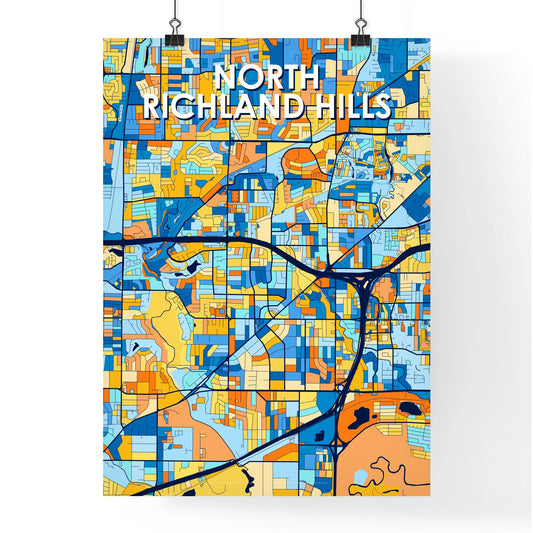 NORTH RICHLAND HILLS TEXAS Vibrant Colorful Art Map Poster Blue Orange