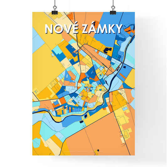 NOVÉ ZÁMKY SLOVAKIA Vibrant Colorful Art Map Poster Blue Orange