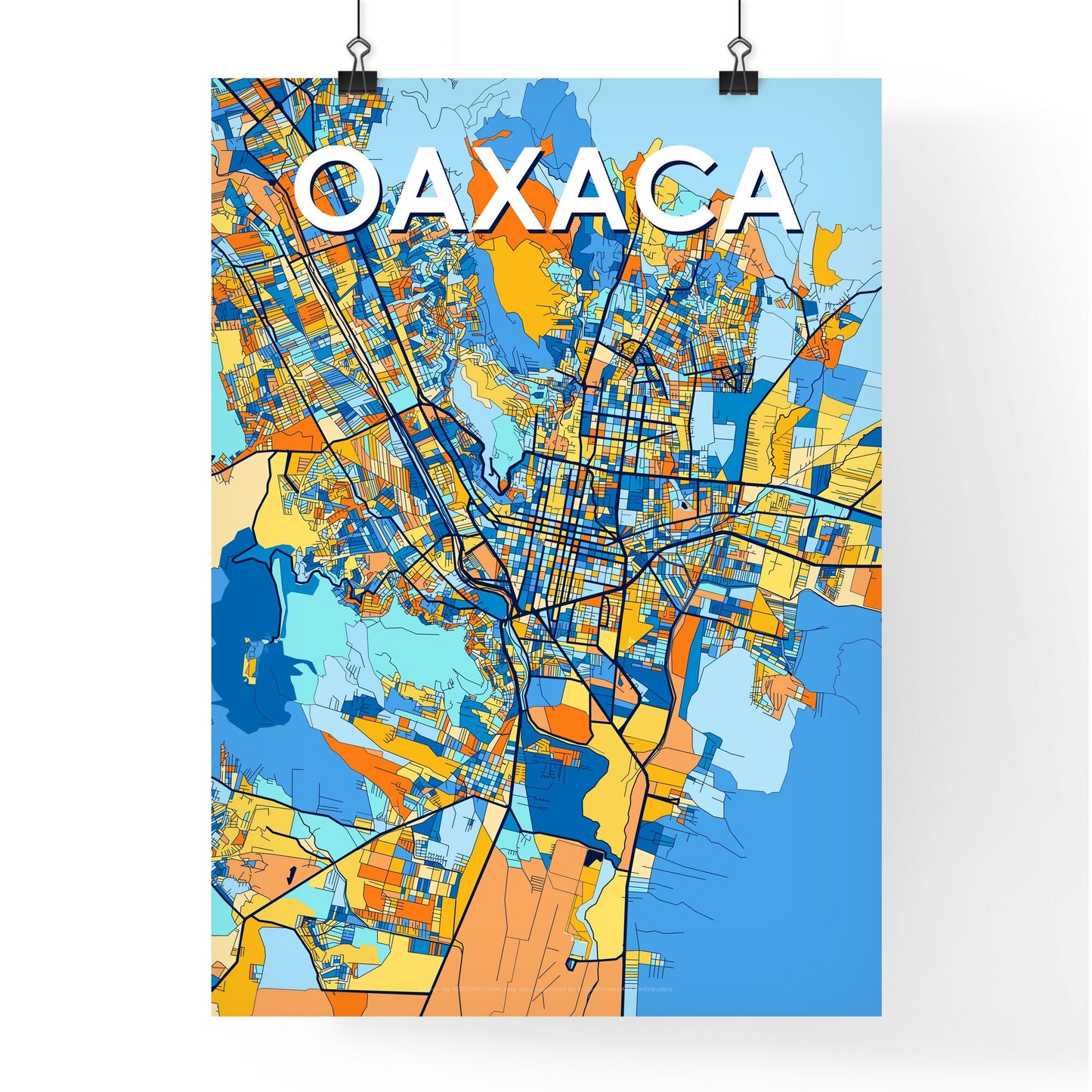 OAXACA MEXICO Vibrant Colorful Art Map Poster Blue Orange