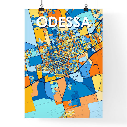 ODESSA TEXAS Vibrant Colorful Art Map Poster Blue Orange