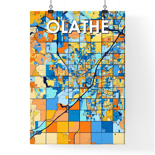 OLATHE KANSAS Vibrant Colorful Art Map Poster Blue Orange