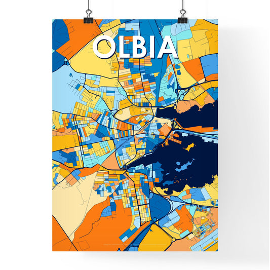 OLBIA ITALY Vibrant Colorful Art Map Poster Blue Orange