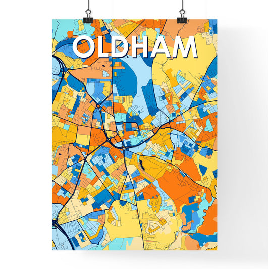 OLDHAM ENGLAND Vibrant Colorful Art Map Poster Blue Orange
