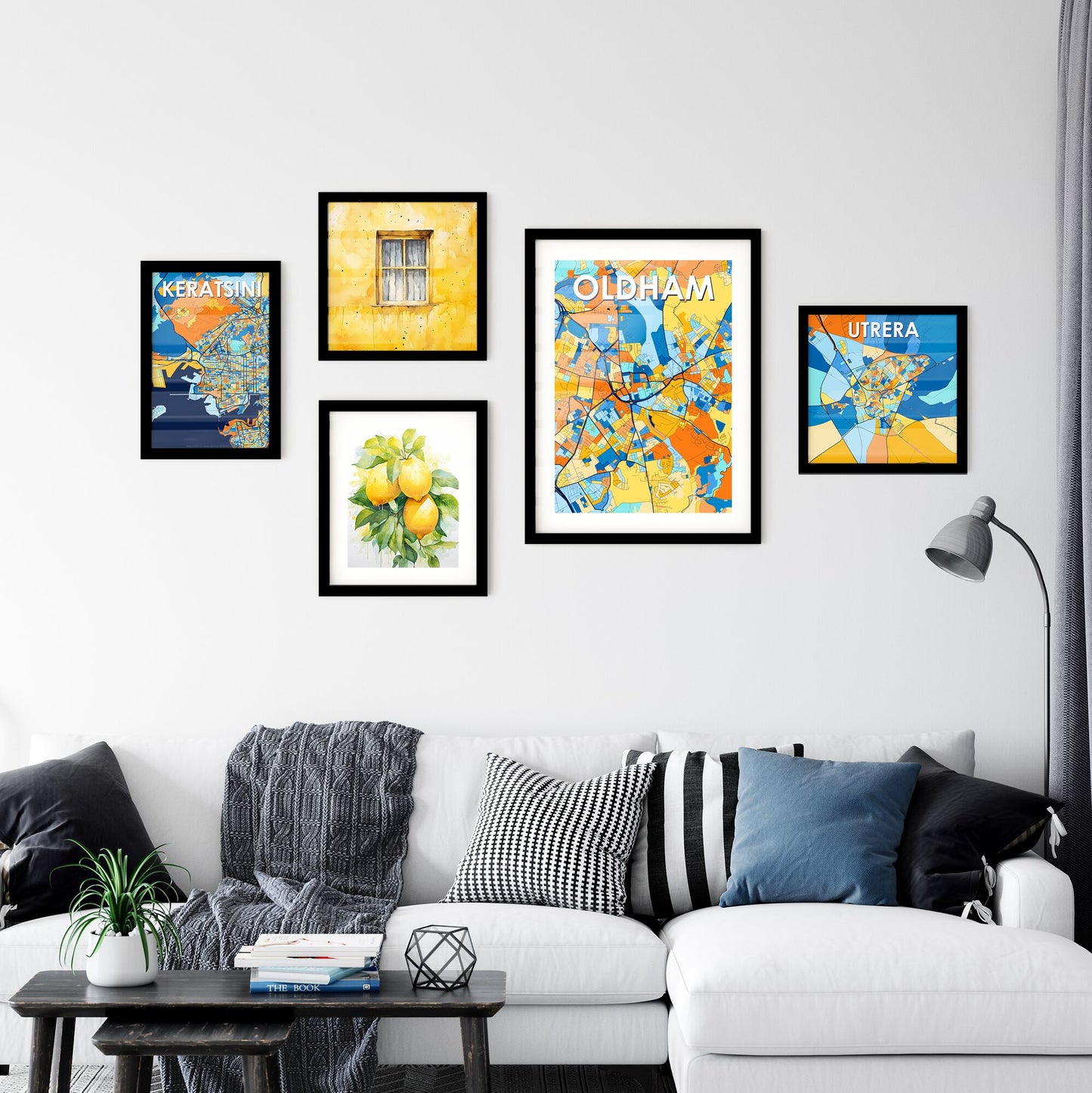 OLDHAM ENGLAND Vibrant Colorful Art Map Poster Blue Orange