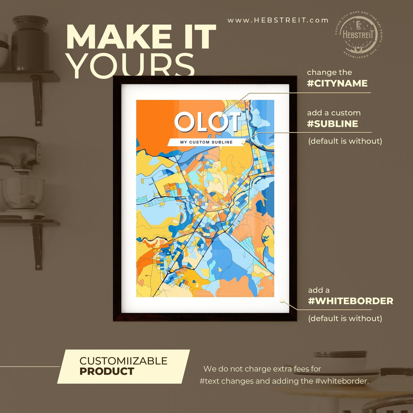 OLOT SPAIN Vibrant Colorful Art Map Poster Blue Orange