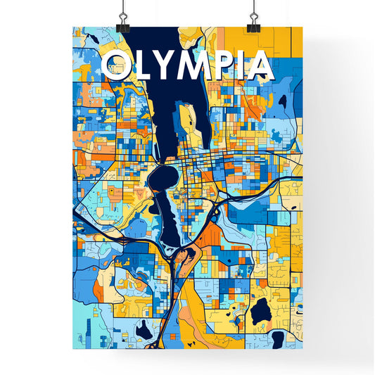 OLYMPIA WASHINGTON Vibrant Colorful Art Map Poster Blue Orange