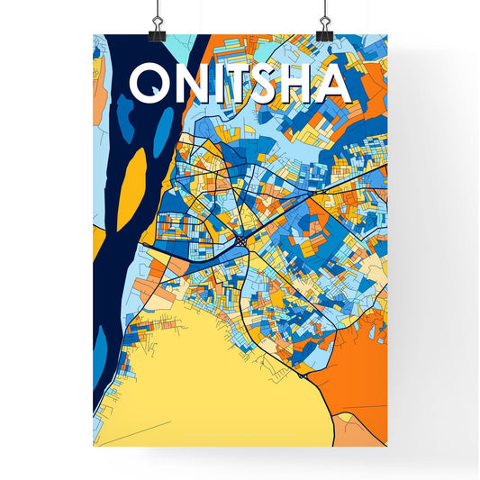 ONITSHA NIGERIA Vibrant Colorful Art Map Poster Blue Orange