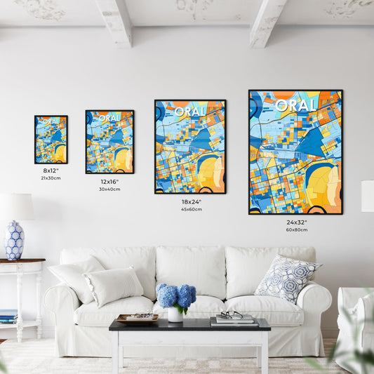 ORAL KAZAKHSTAN Vibrant Colorful Art Map Poster Blue Orange