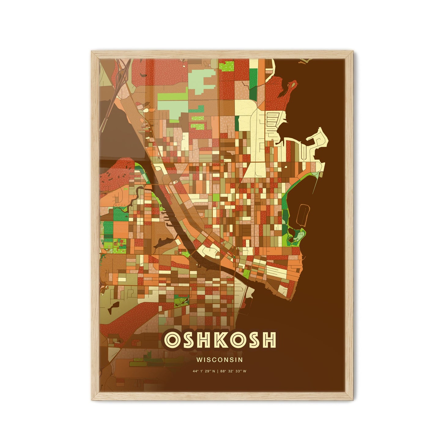 Colorful Oshkosh Wisconsin Fine Art Map Farmhouse