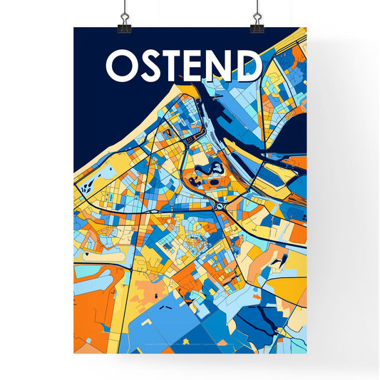 OSTEND BELGIUM Vibrant Colorful Art Map Poster Blue Orange