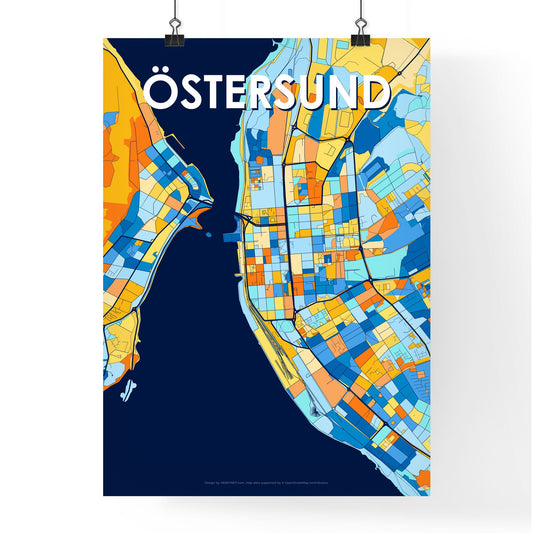 ÖSTERSUND SWEDEN Vibrant Colorful Art Map Poster Blue Orange