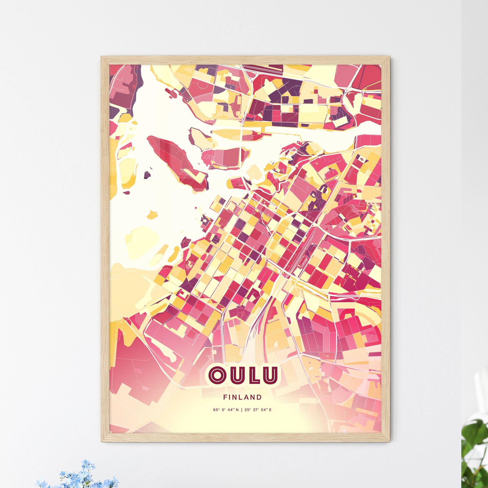 Colorful Oulu Finland Fine Art Map Hot Red