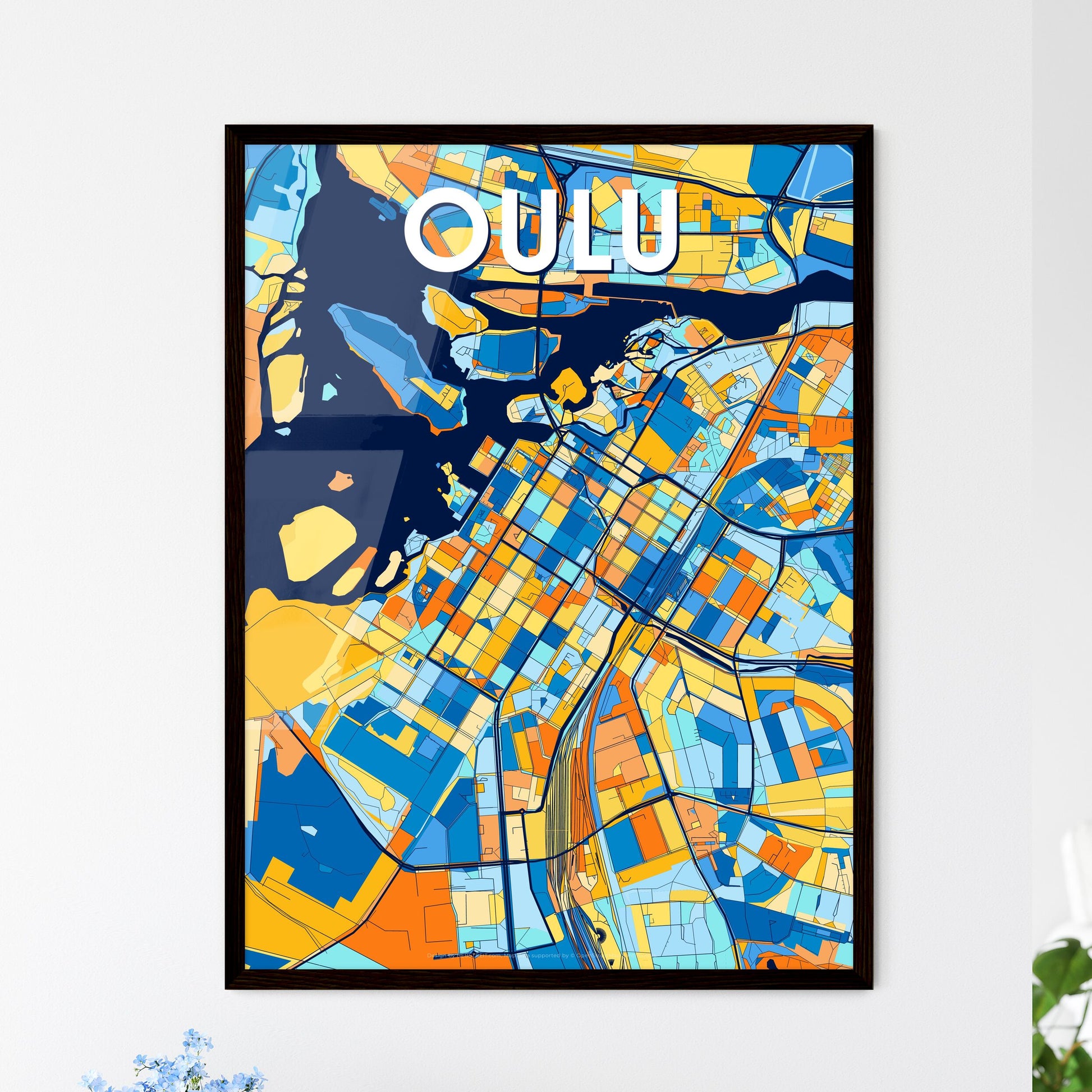 OULU FINLAND Vibrant Colorful Art Map Poster Blue Orange