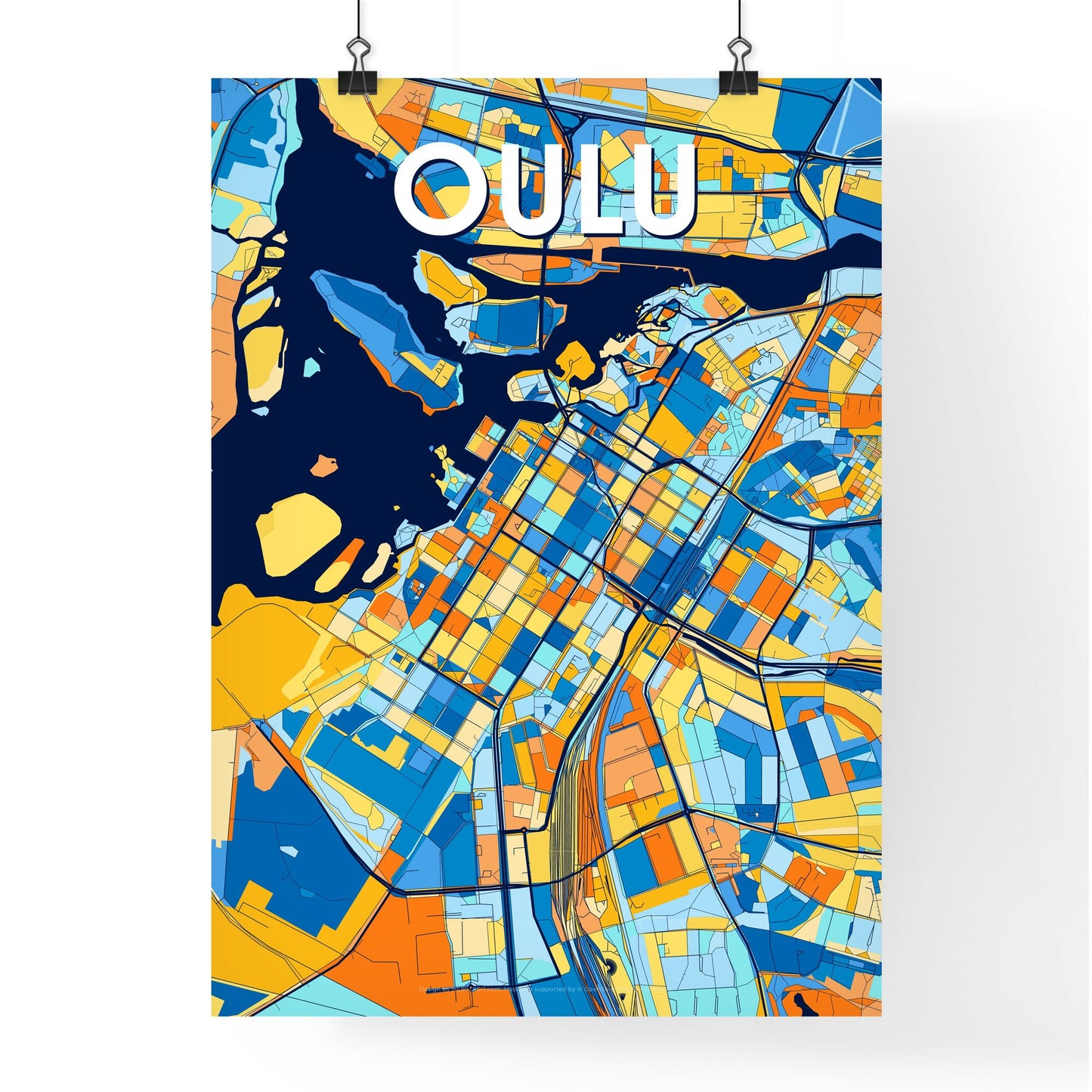 OULU FINLAND Vibrant Colorful Art Map Poster Blue Orange
