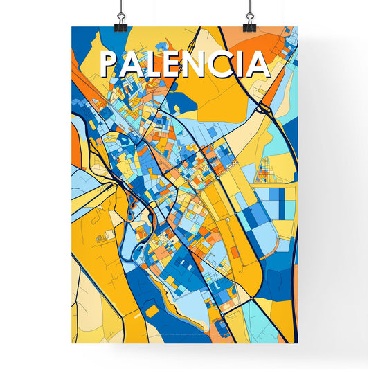 PALENCIA SPAIN Vibrant Colorful Art Map Poster Blue Orange