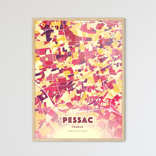 Colorful Pessac France Fine Art Map Hot Red