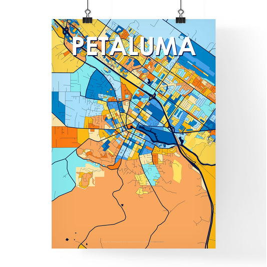 PETALUMA CALIFORNIA Vibrant Colorful Art Map Poster Blue Orange