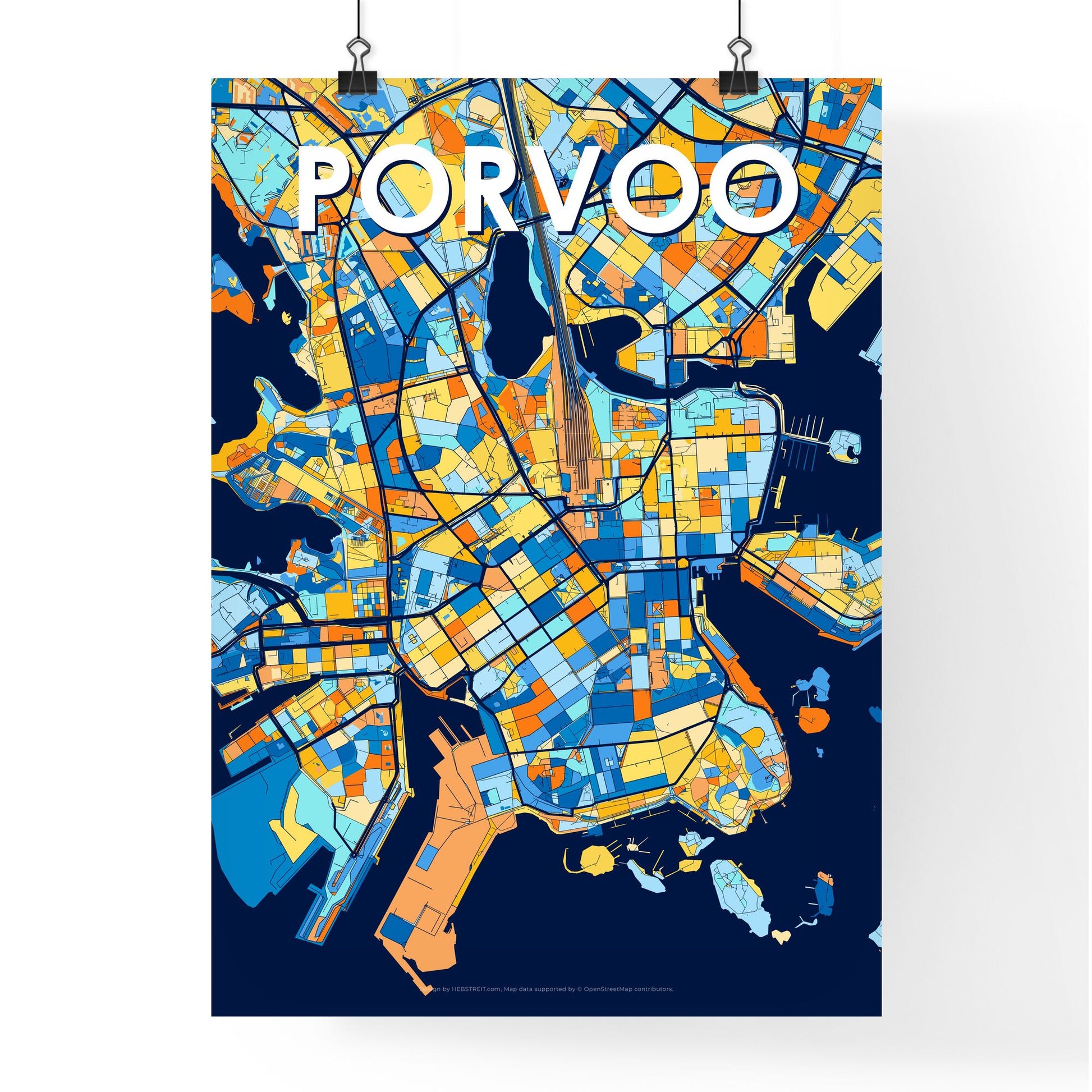 PORVOO FINLAND Vibrant Colorful Art Map Poster Blue Orange