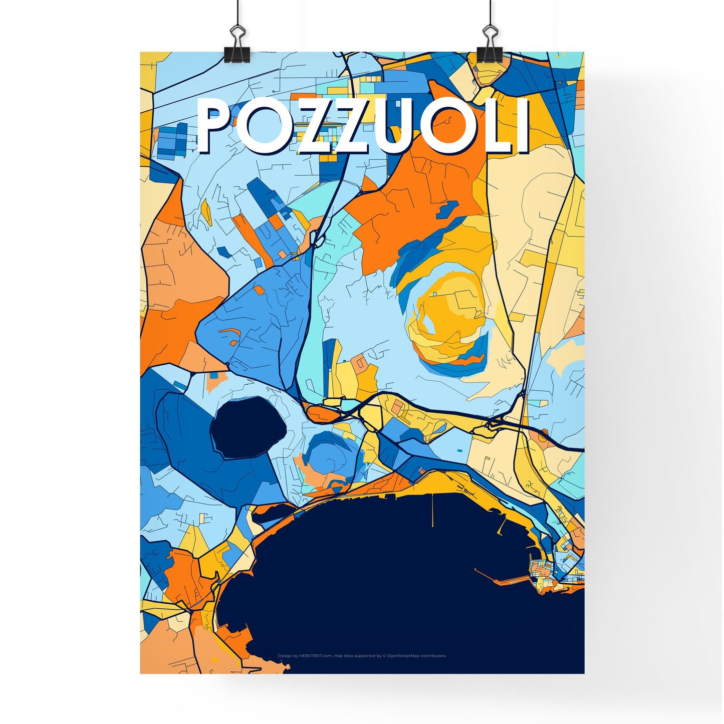POZZUOLI ITALY Vibrant Colorful Art Map Poster Blue Orange