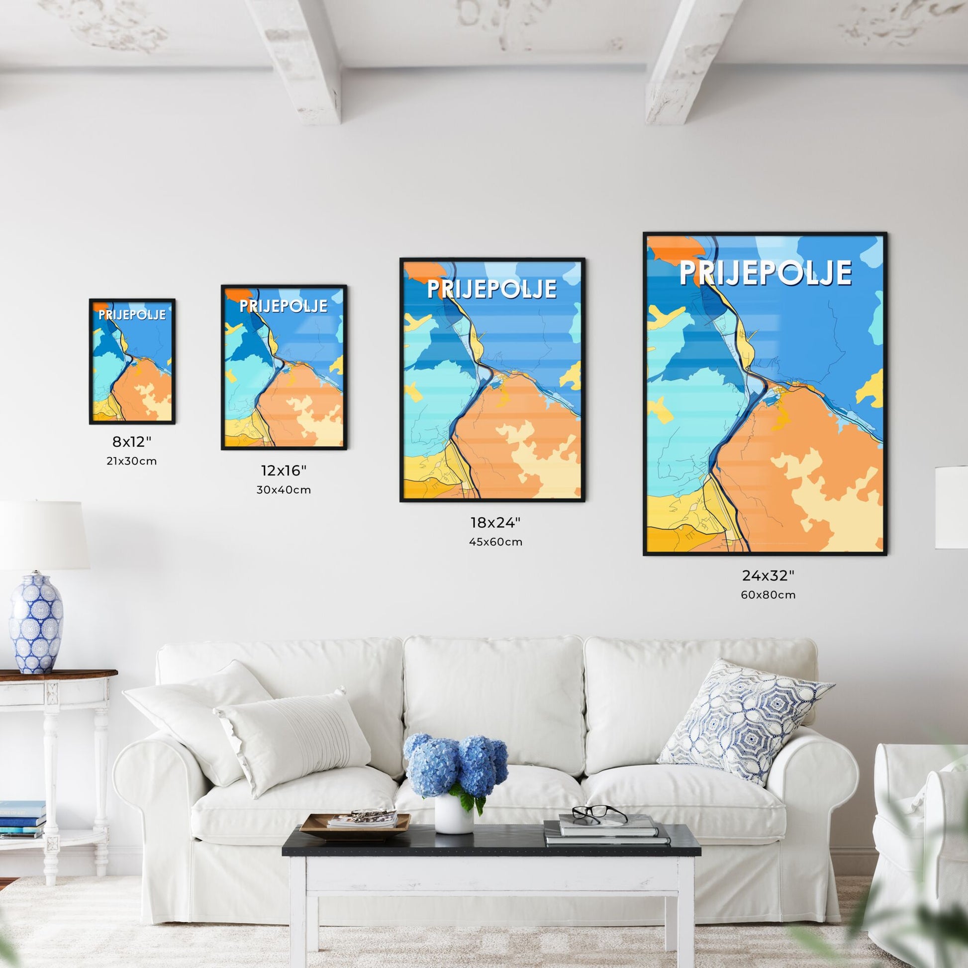 PRIJEPOLJE SERBIA Vibrant Colorful Art Map Poster Blue Orange