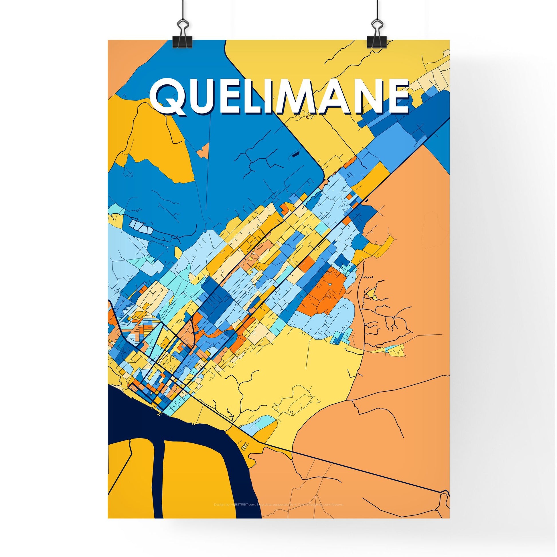QUELIMANE MOZAMBIQUE Vibrant Colorful Art Map Poster Blue Orange