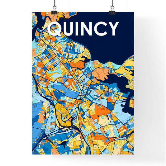QUINCY MASSACHUSETTS Vibrant Colorful Art Map Poster Blue Orange