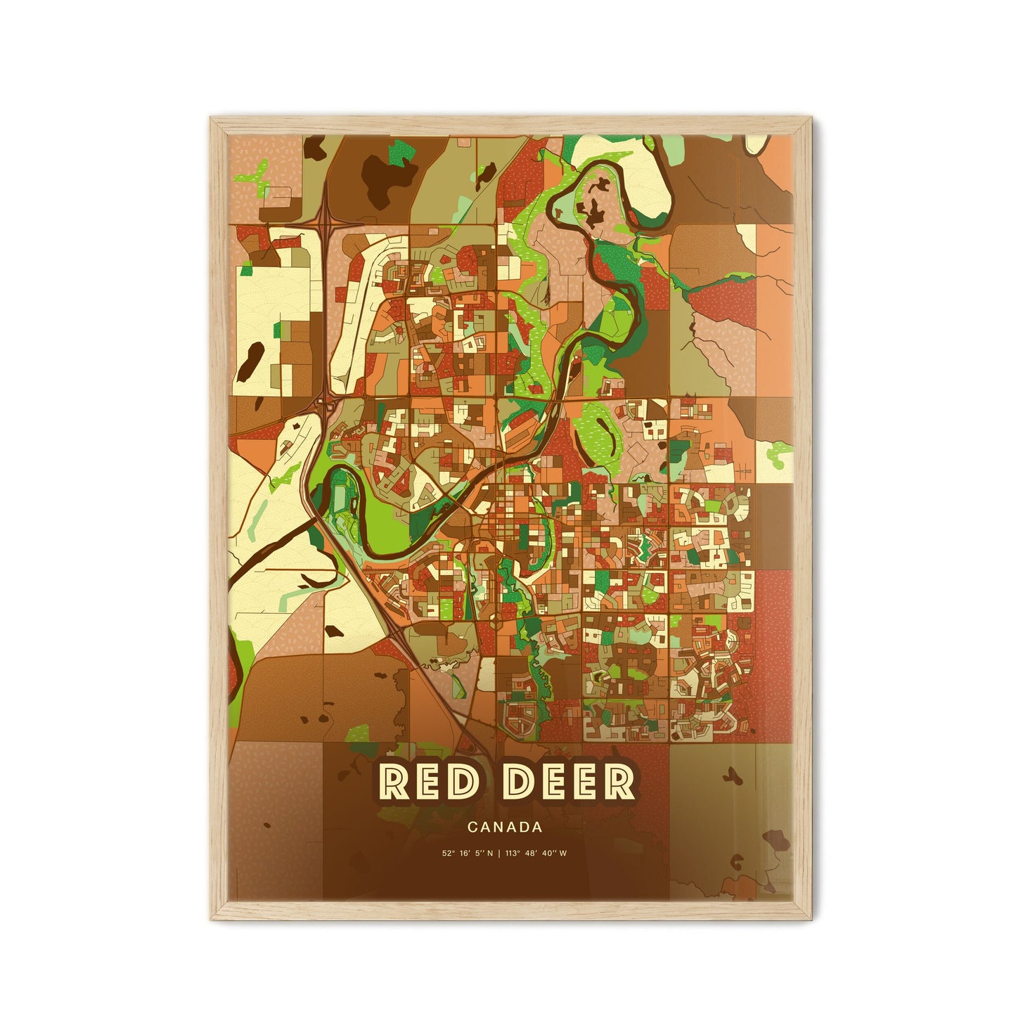Colorful Red Deer Canada Fine Art Map Farmhouse