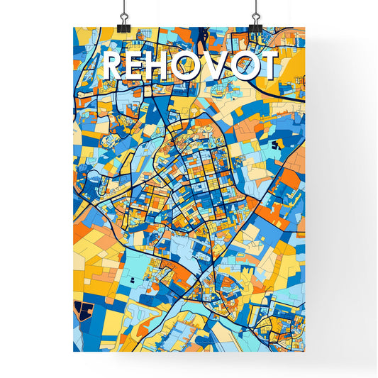 REHOVOT ISRAEL Vibrant Colorful Art Map Poster Blue Orange