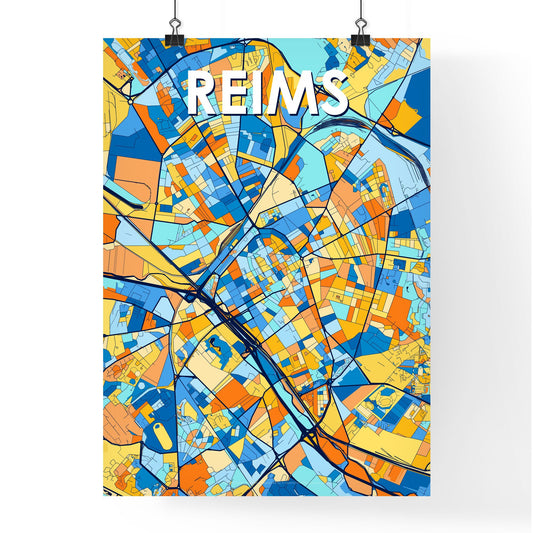 REIMS FRANCE Vibrant Colorful Art Map Poster Blue Orange