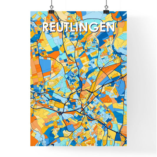 REUTLINGEN GERMANY Vibrant Colorful Art Map Poster Blue Orange