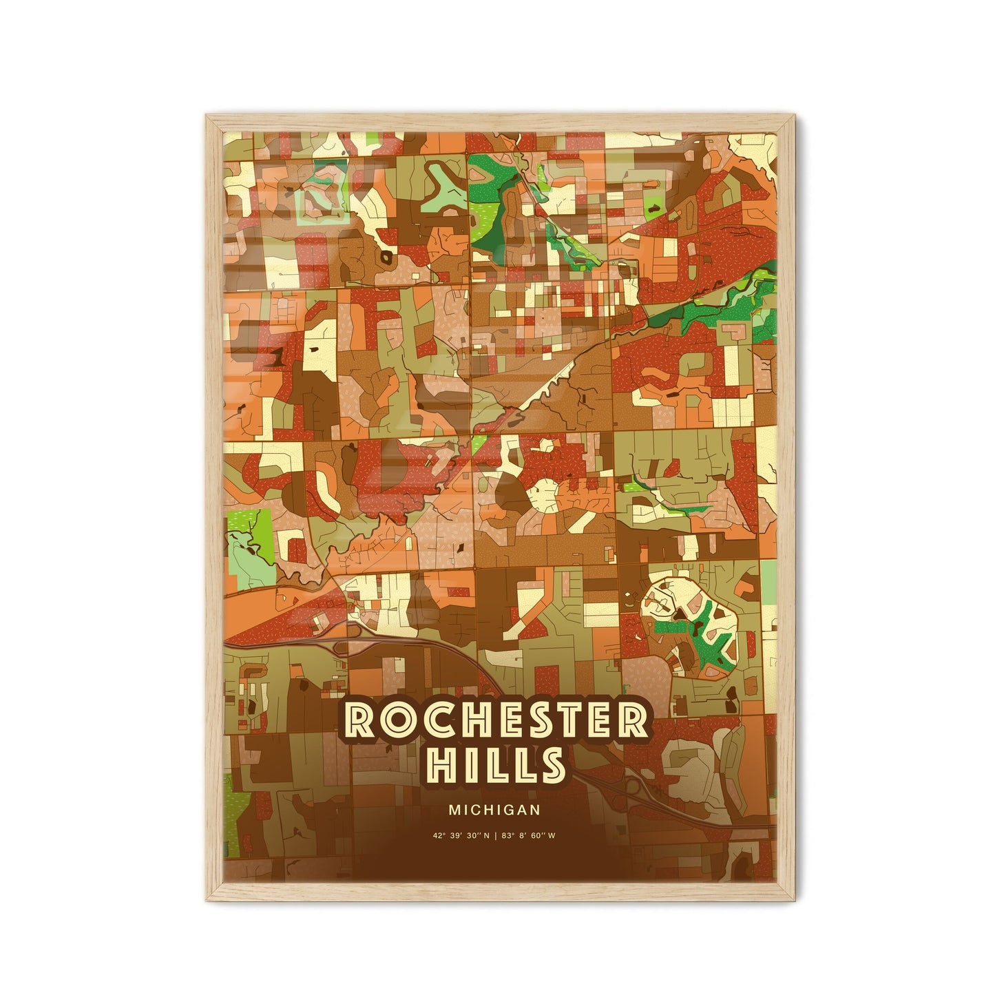 Colorful Rochester Hills Michigan Fine Art Map Farmhouse