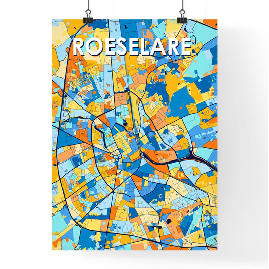 ROESELARE BELGIUM Vibrant Colorful Art Map Poster Blue Orange