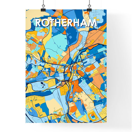 ROTHERHAM ENGLAND Vibrant Colorful Art Map Poster Blue Orange