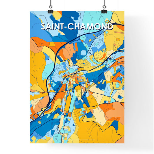 SAINT-CHAMOND FRANCE Vibrant Colorful Art Map Poster Blue Orange
