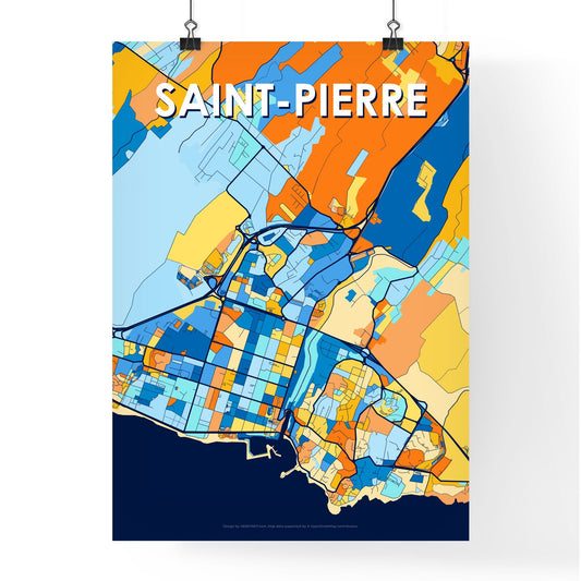 SAINT-PIERRE FRANCE Vibrant Colorful Art Map Poster Blue Orange
