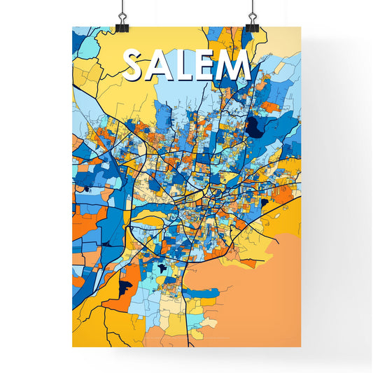 SALEM INDIA Vibrant Colorful Art Map Poster Blue Orange